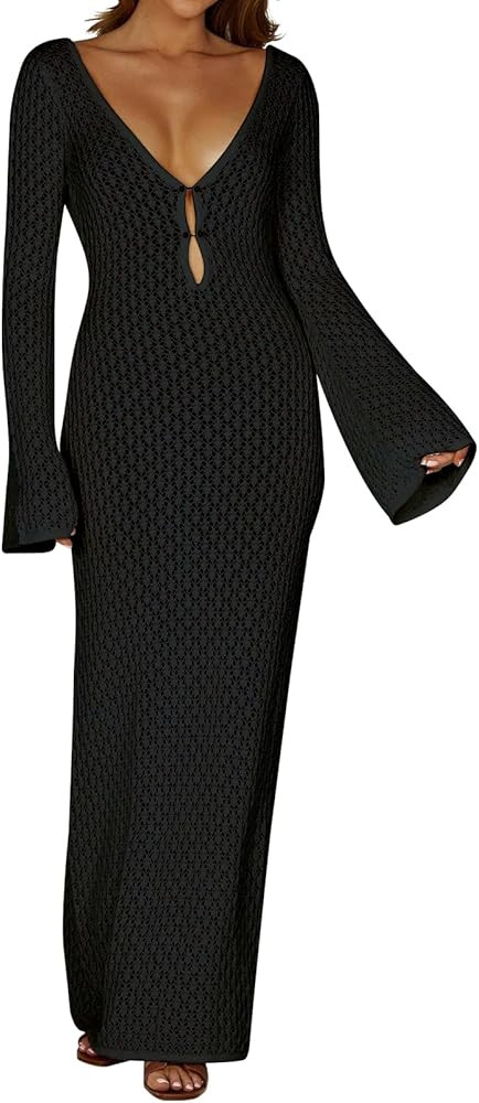 Crochet Swimsuit Cover Up for Women V Neck Maxi Beach Dress Long Sleeve Beachwear Hollow Out Biki... | Amazon (US)