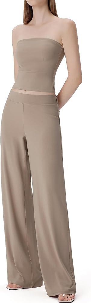 SUUKSESS Women 2 Piece Lounge Set Tube Top Wide Leg Pants Matching Sets Beach Vacation Outfits | Amazon (US)