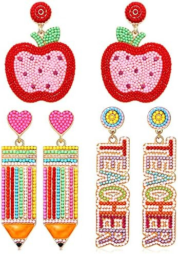 2/3 Pairs Pencil Earrings - Rhinestone Beaded Dangle Drop Earrings for Women - Colorful Teacher A... | Amazon (US)