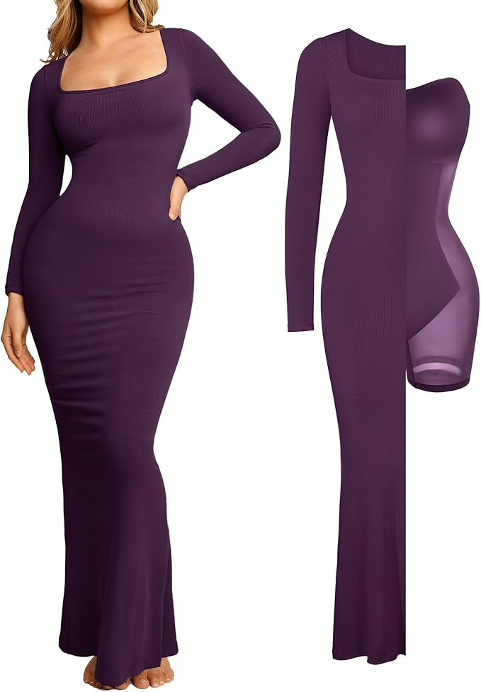 Popilush Women's Long Sleeve Maxi Dress Built-in Shapewear Bra Square Neck Fall Formal Wedding Gu... | Amazon (US)