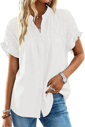 MASCOMODA Womens 2026 Button Down Shirts Ruffle Short Sleeve Loose Summer Tops Dressy Casual V Ne... | Amazon (US)
