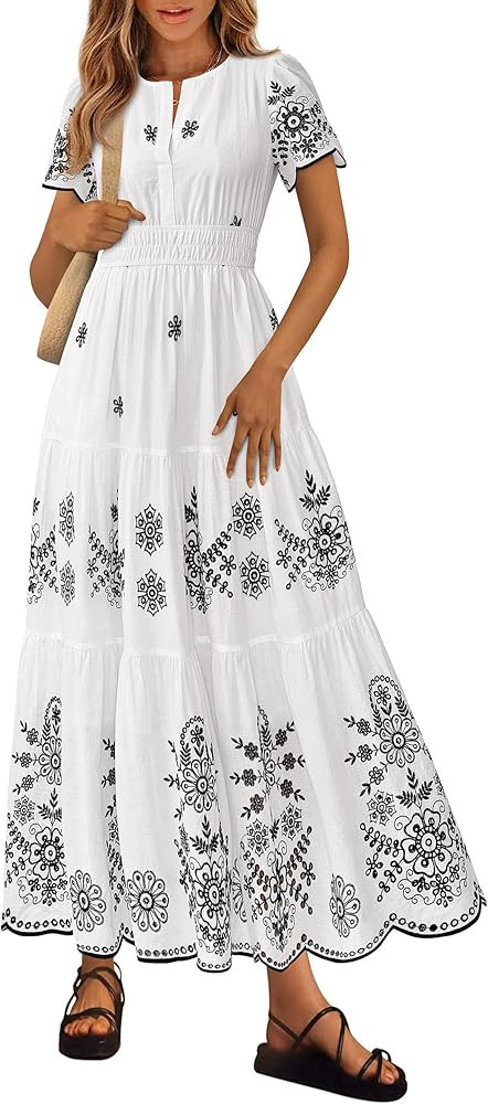 PRETTYGARDEN Boho Dresses for Women 2026 Summer Spring Casual Floral Short Sleeve V Neck Maxi Ela... | Amazon (US)
