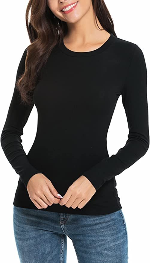 Womens Basic Long Sleeve Crew Neck Comfy Layering Slim Fit Stretch Henley Tees Shirts Top | Amazon (US)