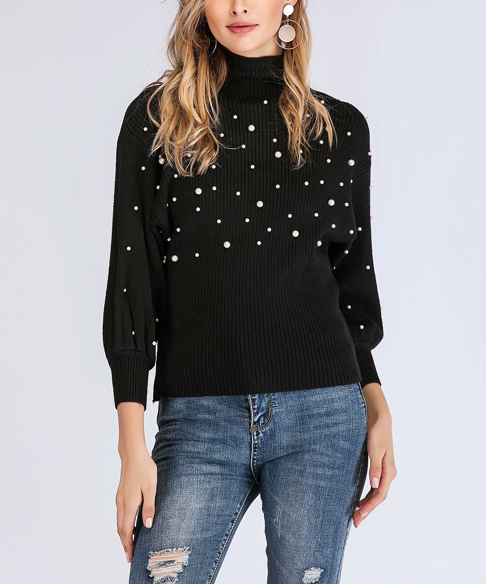 Della Mel Women's Pullover Sweaters Black - Black Beaded Turtleneck Sweater - Women | Zulily