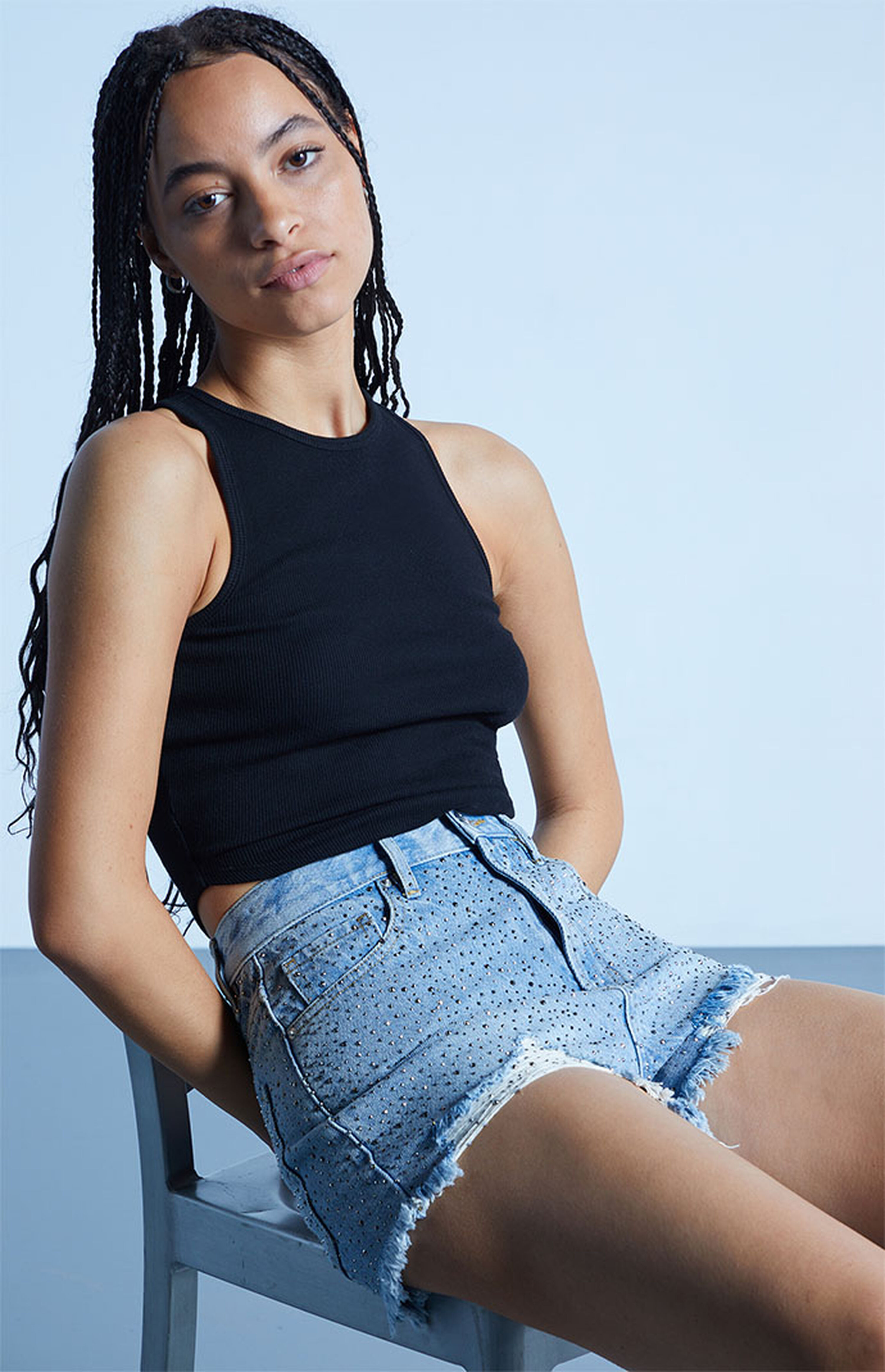 PacSun Eco Light Blue Sparkle Ripped Vintage High Waisted Denim Shorts | PacSun