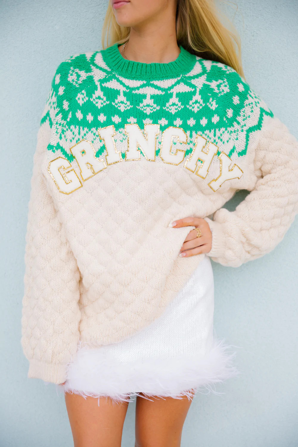 GRINCHY HOLIDAY GREEN/WHITE SWEATER | Judith March