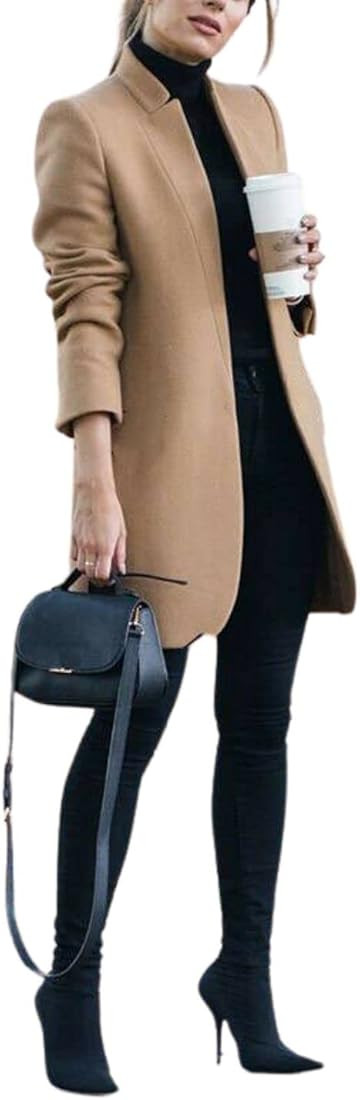 Kwoki Women's Stand Collar Open Front Pea Coat Casual Mid Long Wool Blend Blazer Trenchcoat Overc... | Amazon (US)