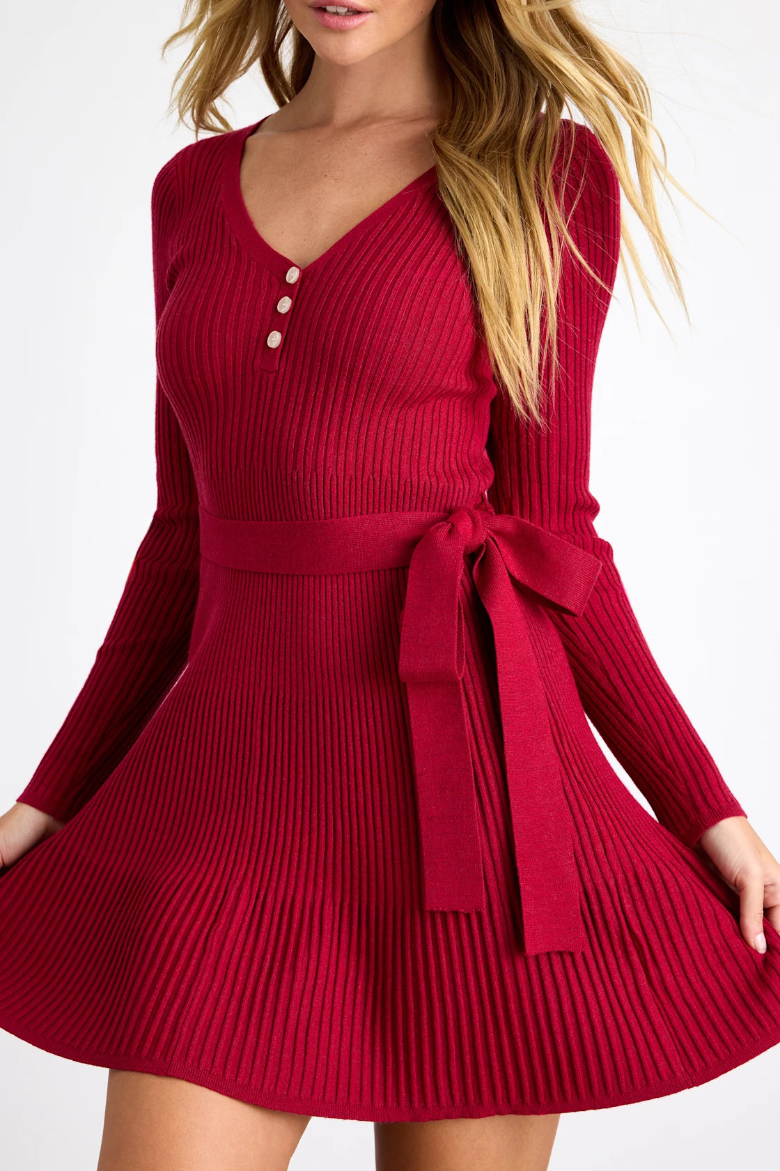 Cozy Poise Red Henley Long Sleeve Mini Sweater Dress | Lulus