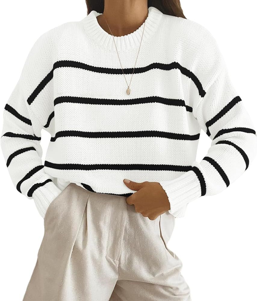 Womens Striped Sweater Pullover Crewneck Knit Long Sleeve Cable Knitted Sweaters | Amazon (US)