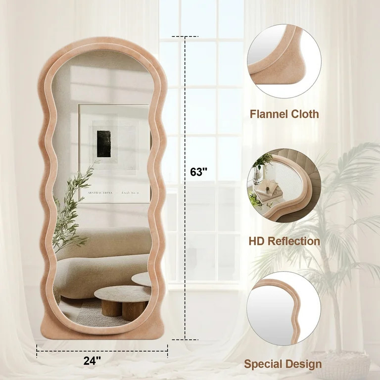 Anyrose 63"x24" Irregular Wavy Mirror Full Length Mirror With Flannel Frame, Light Brown | Walmart (US)