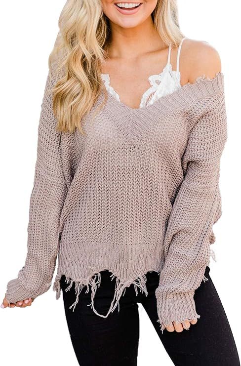 LEANI Women's Loose Knitted Sweater Long Sleeve V-Neck Ripped Pullover Sweaters Crop Top Knit Jum... | Amazon (US)