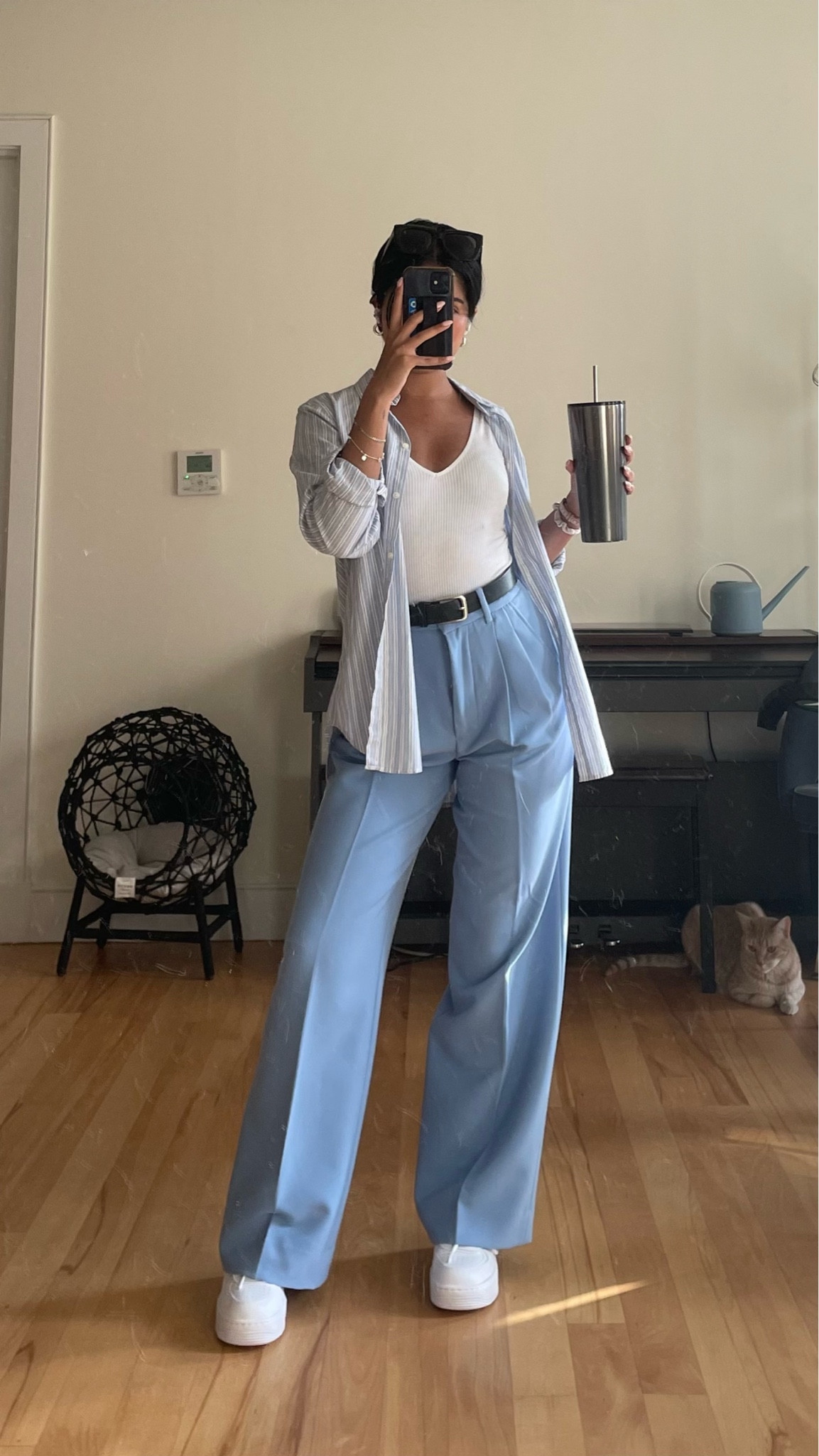 business casual outfit | light blue button down, light blue trousers, sneakers 