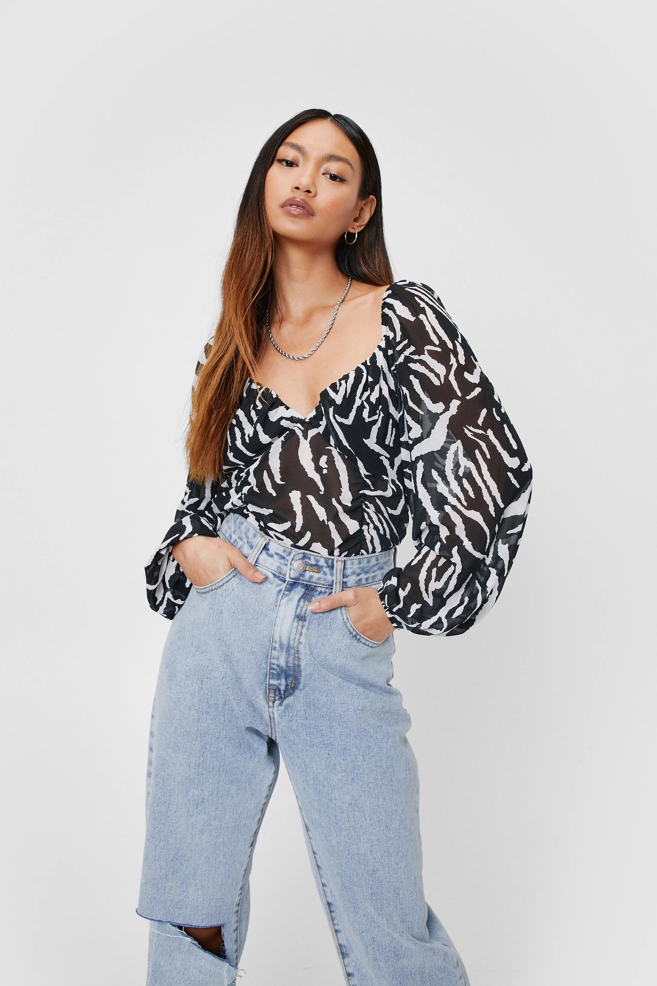 Petite Zebra Blouson Sleeve High Leg Bodysuit | Nasty Gal (US)