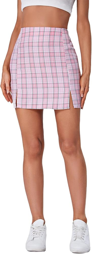 Women's Plaid Skirt High Waist Split Front Zip Up Mini Bodycon Skirt | Amazon (US)