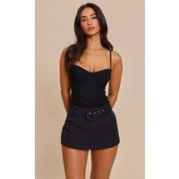 Petite Black Belted Mini Skort | PrettyLittleThing US
