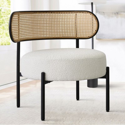 White Boucle Armless Accent Chair with Rattan Back,Boucle Rattan Accent Chair with Black Metal Base,Cane Accent Chair For Living Room-Maison Boucle | Target