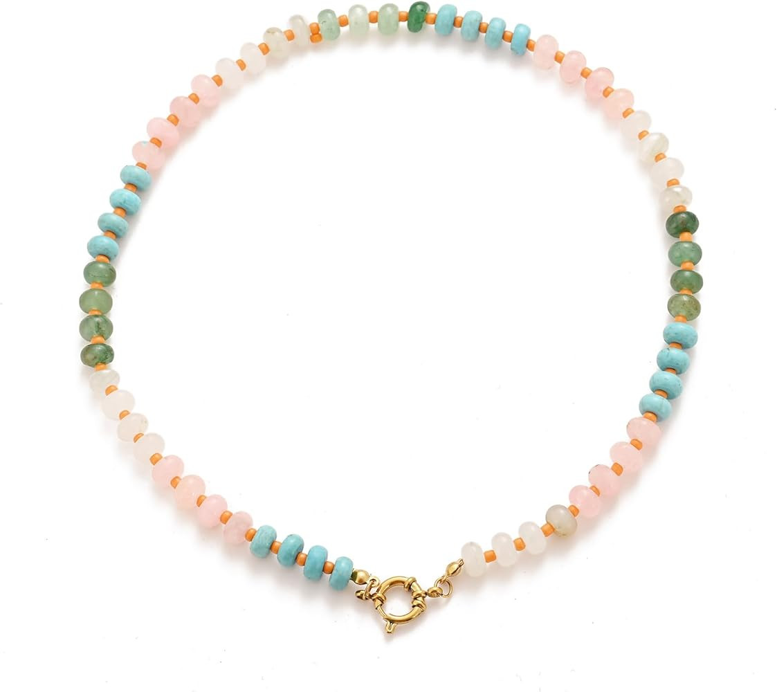 Natural Stone Beaded Necklace for Women Boho Handmade Beaded Necklace Colorful Beads Choker Neckl... | Amazon (US)