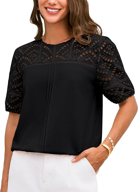 GRACE KARIN Women's 2025 Casual Tops Short Sleeve Eyelet Embroidered Summer Trendy Shirts Crewnec... | Amazon (US)