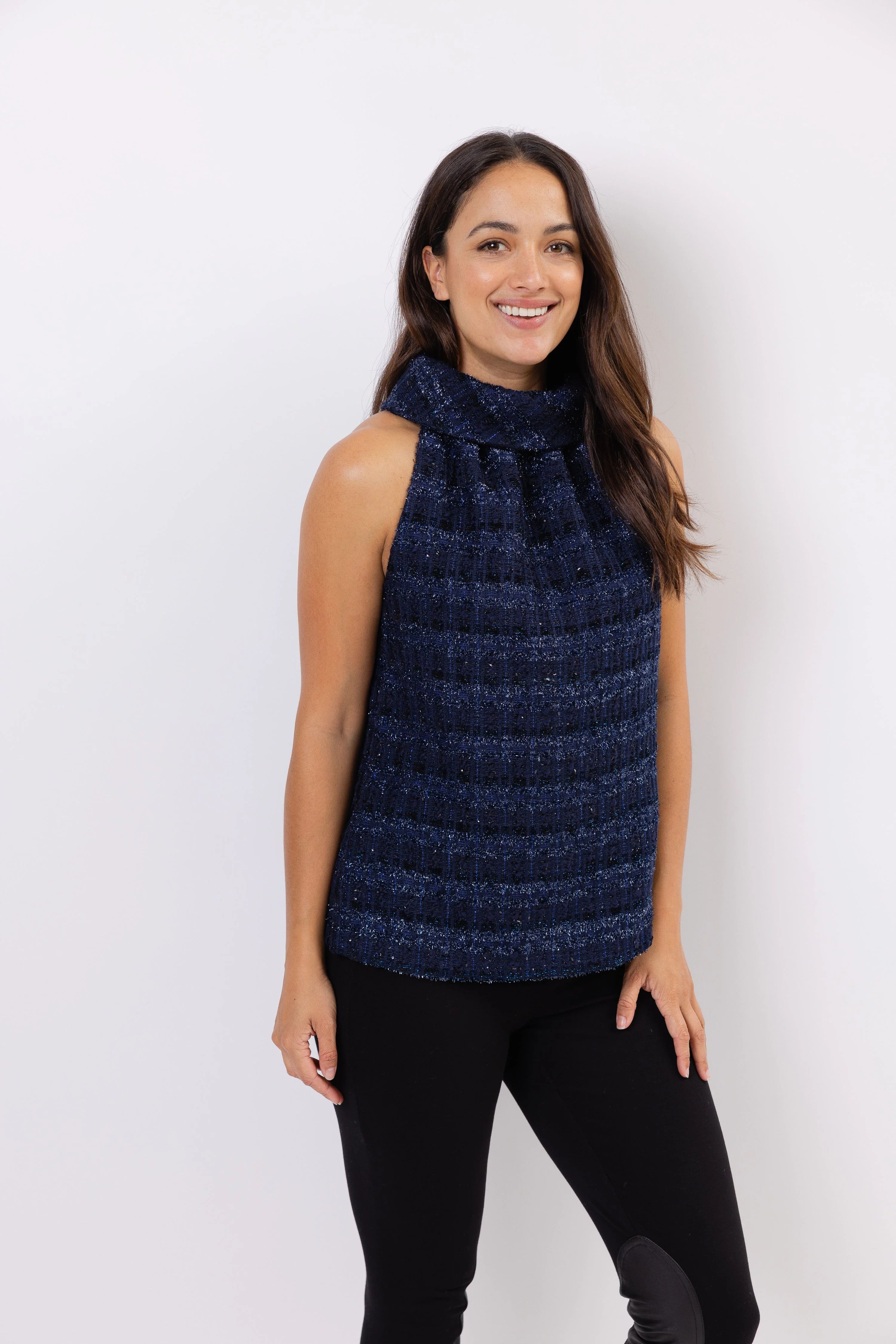Navy Sparkle Tweed Cowl Neck Top | Sail to Sable