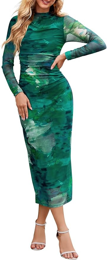 MEROKEETY Women's 2024 Long Sleeve Tie Dye Dress Bodycon Mock Neck Mesh Ruched Cocktail Maxi Dres... | Amazon (US)