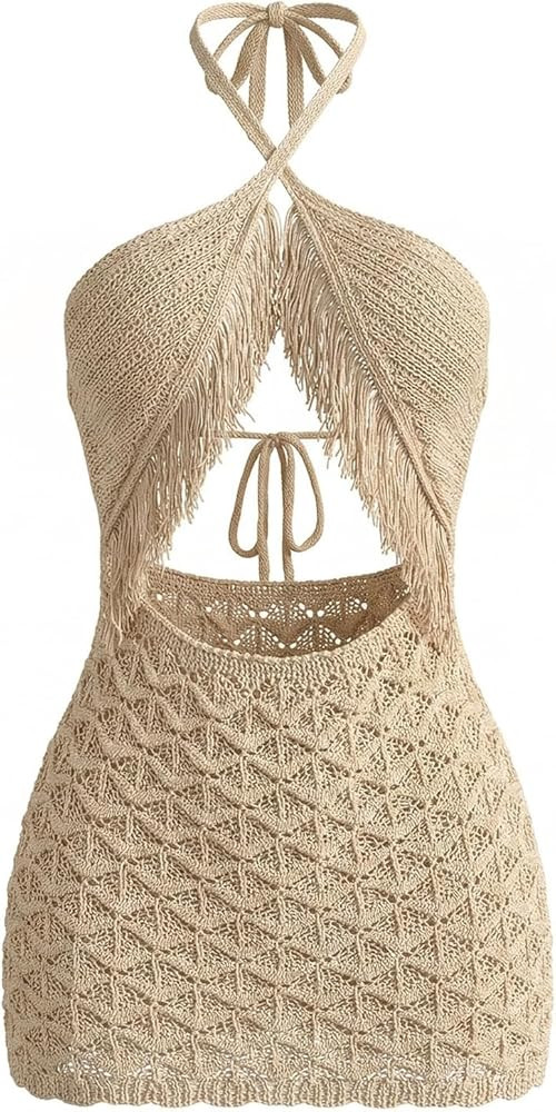 GORGLITTER Women's Crochet Halter Dress Cutout Open Back Fringe Backless Summer Beach Vacation Mi... | Amazon (US)