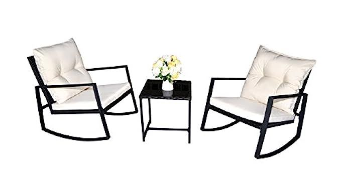 Kozyard Moana Outdoor 3-Piece Rocking Wicker Bistro Set, Two Chairs and One Glass Coffee Table, Blac | Amazon (US)