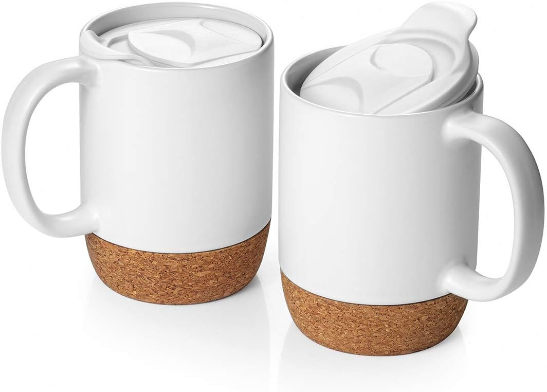 DOWAN Coffee Mugs Set of 2, 15 OZ Ceramic Mug with Insulated Cork Bottom and Splash Proof Lid, La... | Amazon (US)