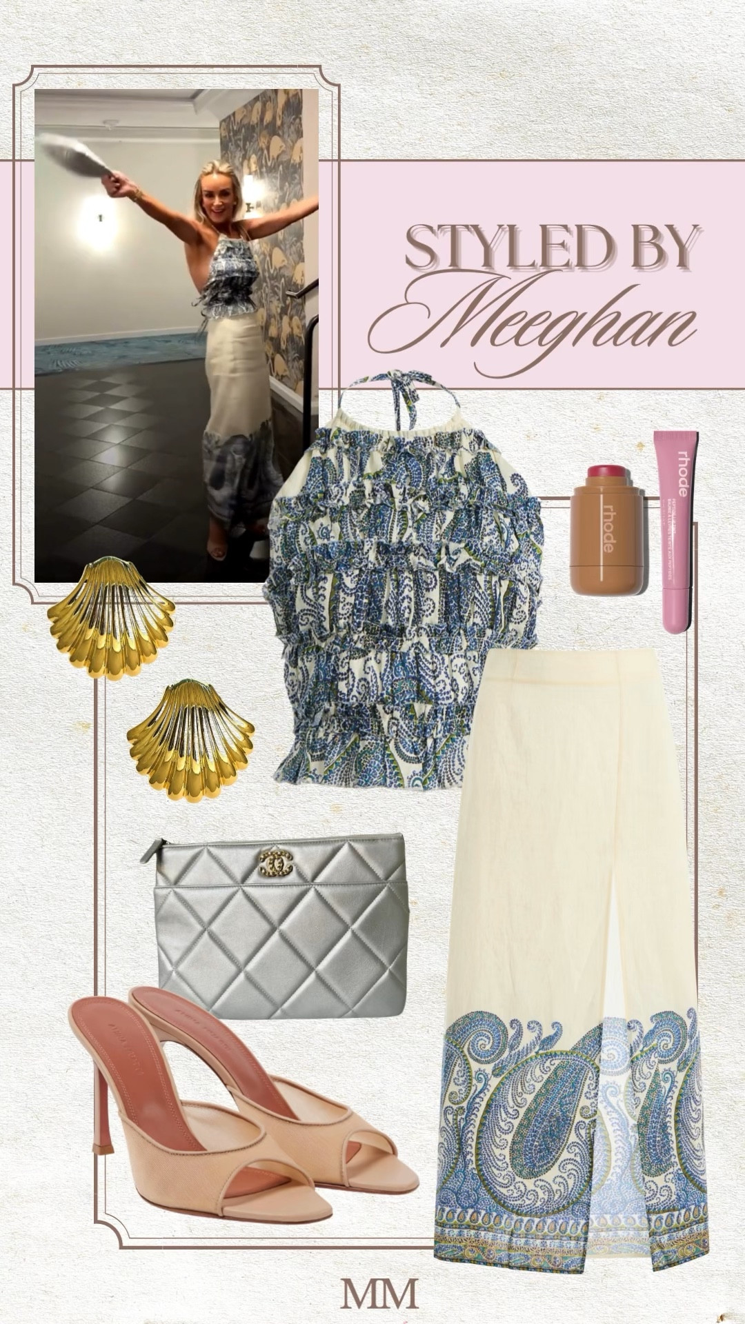 Styled this look for a chic summer night out. This paisley halter top and matching skirt set is the perfect elevated vacation outfit for resort dinners, beach clubs, and European summer nights. Paired with neutral heels, statement gold earrings, and a classic quilted clutch for a polished, feminine summer look. Also sharing a few of my go to beauty favorites to complete the outfit.

[paisley outfit set, halter top outfit, summer skirt set, european summer outfit, resort wear outfit, vacation dinner outfit, beach club outfit, summer night outfit, neutral heels outfit, gold statement earrings, chic summer style, luxury vacation outfits, feminine summer outfits]

#LTKTravel #LTKootd #LTKOver40