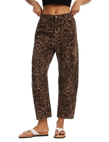 DAOAO Leopard Barrel Jeans Women Trendy Mid Rise Pull On Stretchy Boyfriend Baggy Pants Wide Leg Cropped Cheetah Print XXL | Amazon (US)