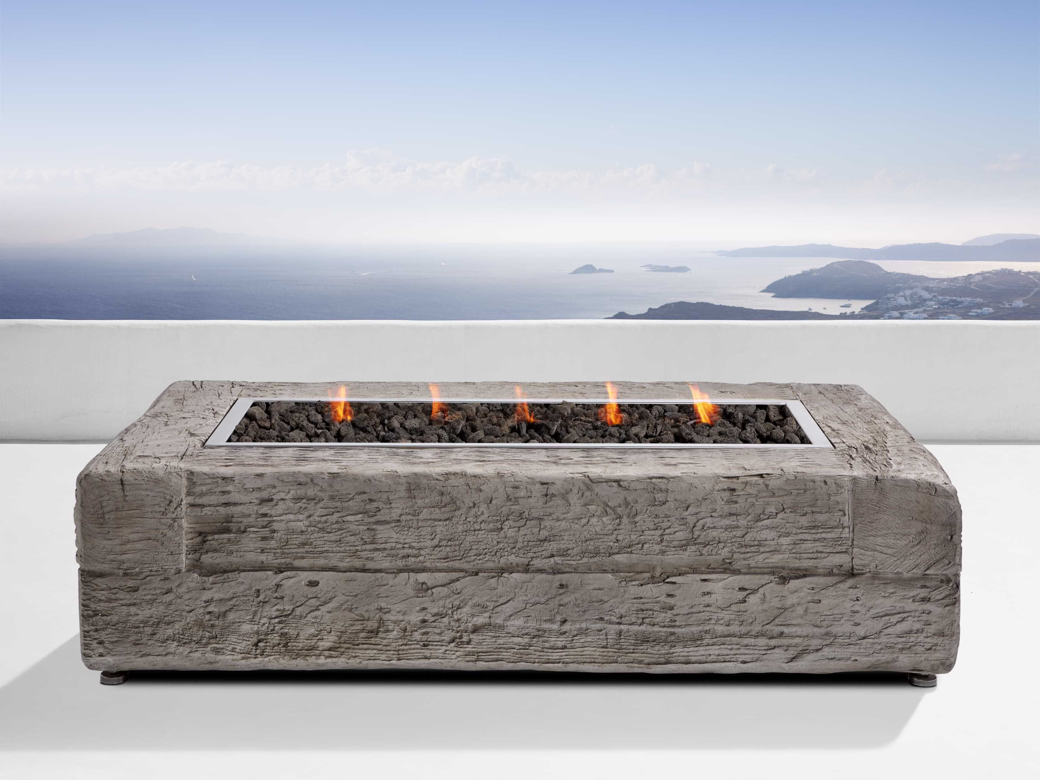 Light Grey Log Rectangle Outdoor Fire Table | Arhaus