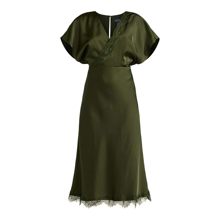 Scoop Women’s Lace Trimmed Bias Cut Midi Dress with Flutter Sleeves, Sizes XS-XXL - Walmart.com | Walmart (US)