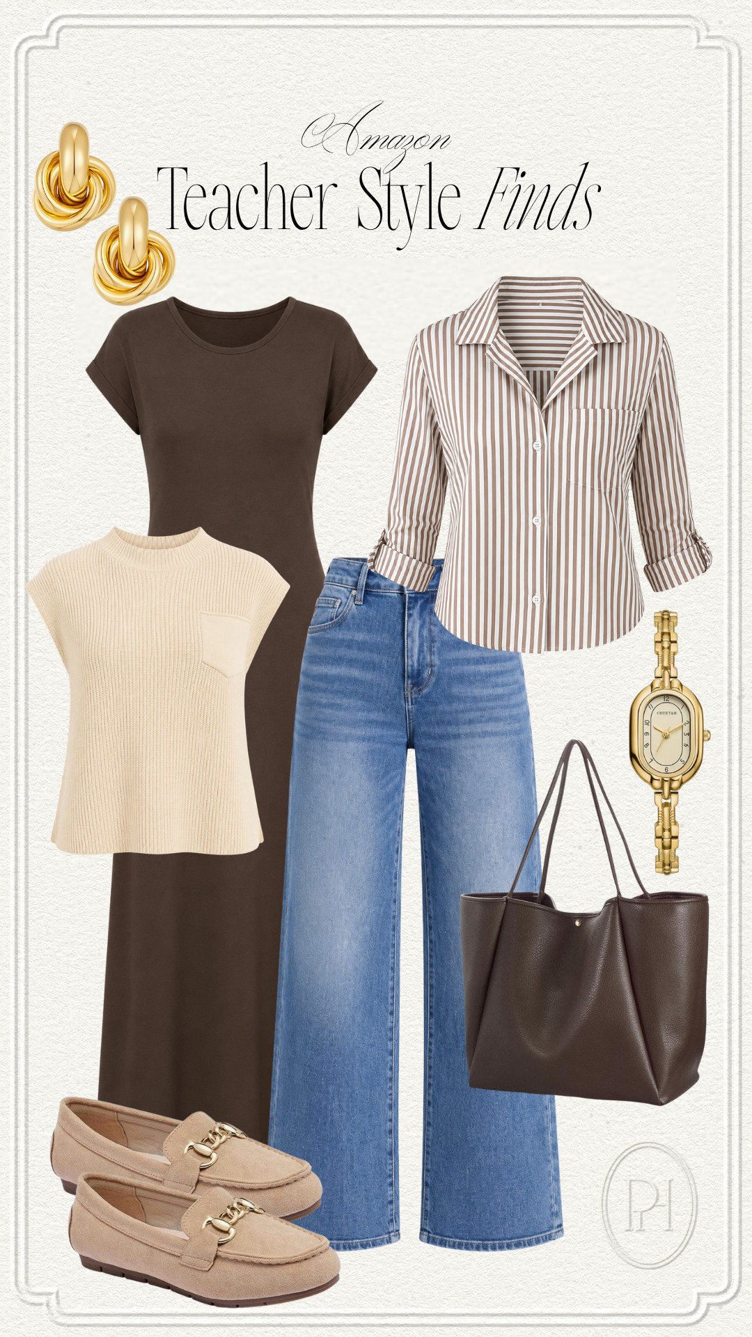 Loving these Amazon finds for the teacher doing their own back to school shopping!

teacher looks, teacher outfit, teacher style, workwear, office looks, straight leg jeans, knit top, sleeveless top, brown dress, midi dress, neutral loafers, tan loafers, striped blouse, button up shirt, button down shirt, brown handbag, work tote bag, gold watch, gold earrings, knot earrings, neutral looks, neutral fashion, neutral style 

 #LTKgrwm #LTKootd #LTKWorkwear
