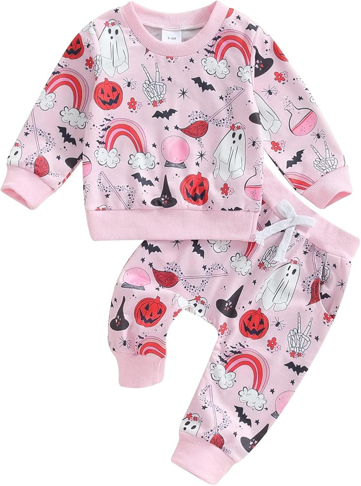 FIOMVA Baby Girl Halloween Outfit Toddler Sweatshirt Pants 2pcs Set Cute Pumpkin Spooky Print Inf... | Amazon (US)