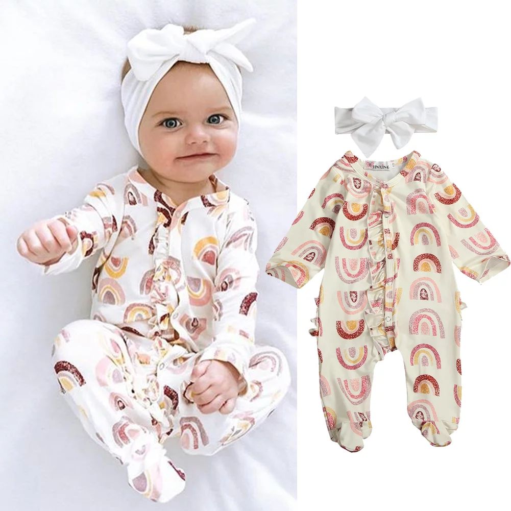 Newborn Baby Girl Romper Rainbow Jumpsuit Cute Cartoon Footed Pajamas Ruffle Footie Sleeper 0-12M | Walmart (US)