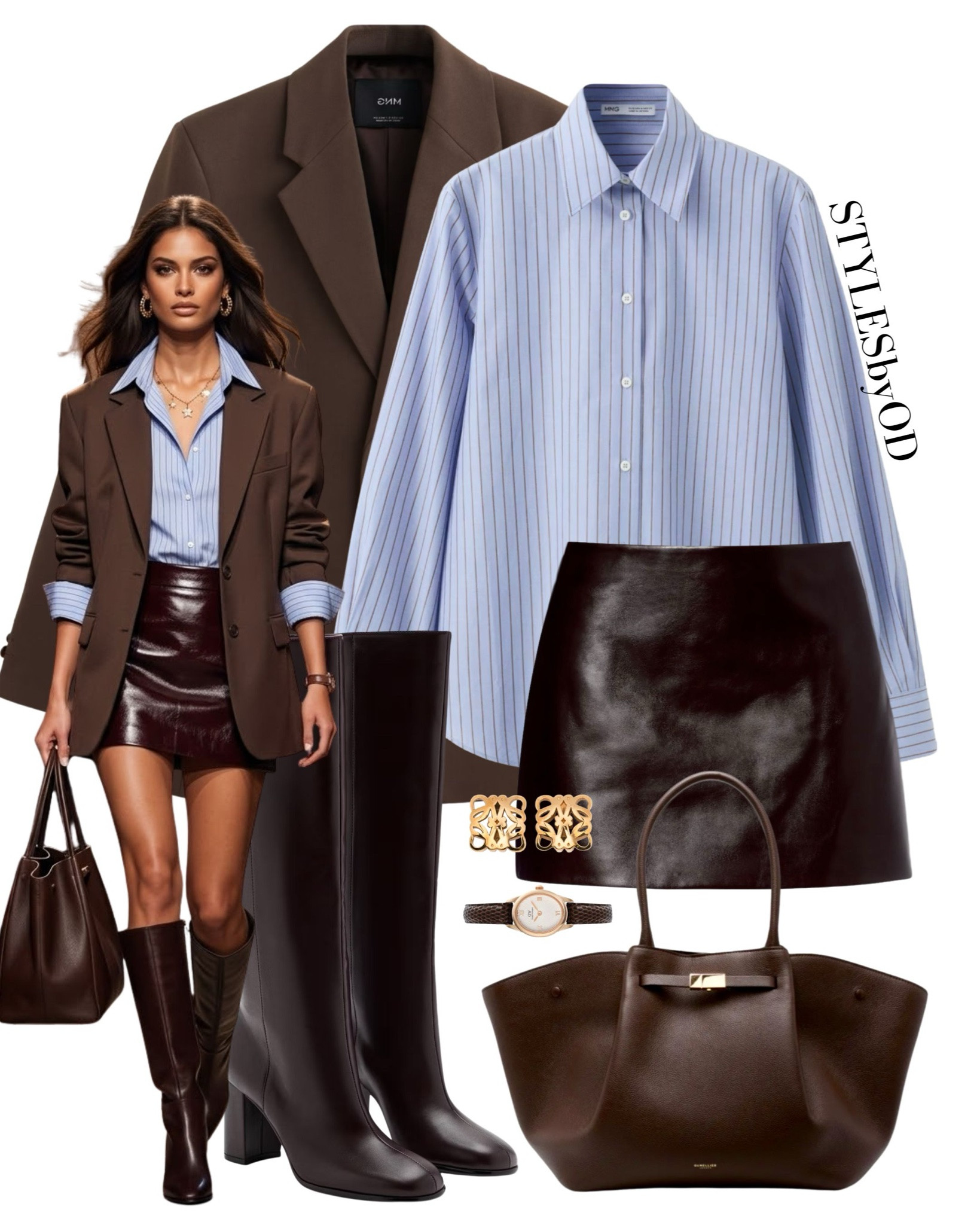 Rich Chocolate & French Blue Combo for that elevated & classy office look🤎🫐 

One of my favorite high-end color pairings for an elevated everyday wardrobe: a tailored chocolate blazer layered over a crisp blue pinstripe poplin shirt, paired with a rich leather mini skirt and knee-high boots — classic , chic and timeless✨

Exact items, high-street alternatives, and affordable picks are linked below!👇🏼 Save this for your next office outfit and follow @STYLESbyOD for more elevated everyday looks! #LTKfall #LTKseasonal #LTKshoecrush #LTKitbag

#LTKstyletip #LTKautumn #LTKworkwear #LTKFashionMonth