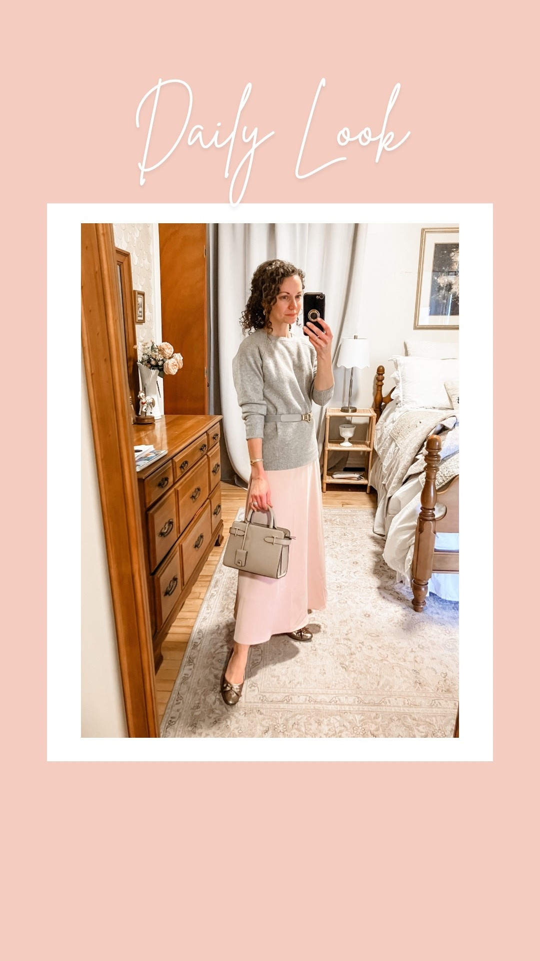 A pink and grey spring outfit!
Grey yak wool sweater from Quince. 
Pink maxi skirt from Chicwish. 
Gold door knocker earrings are from a local boutique, linking similar. 
Leather handbag from Le Tanneur. 
Belt from Amazon. 
Spring outfit. Modest outfit. Church outfit. Petite outfit  

#LTKdayinmylife #LTKgrwm #LTKootd
