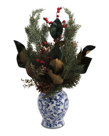 Berry And Pine Arrangement In Ceramic Vase | TJ Maxx