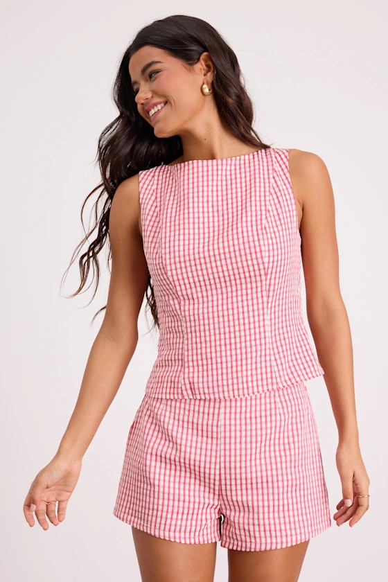 Harmony Pink Gingham Tie-Back Tank Top | Lulus
