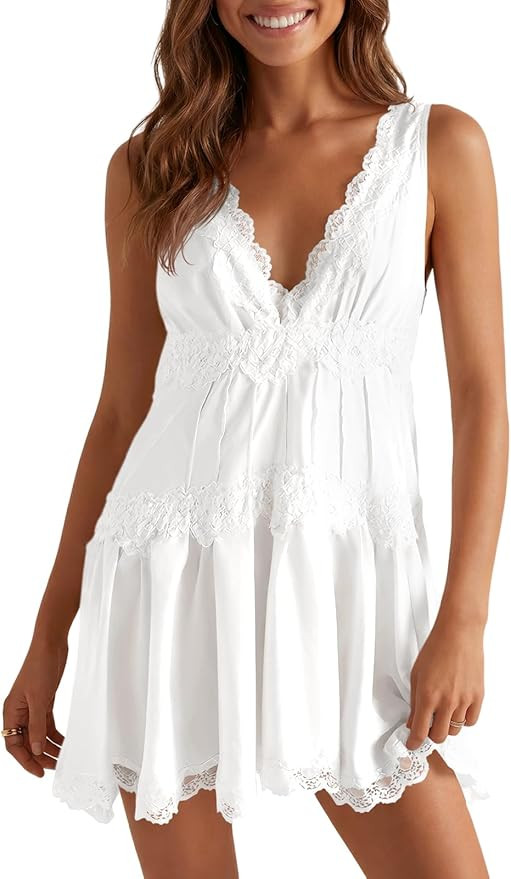 Wenrine Womens Summer Sleeveless Mini Dress Casual Satin Lace V Neck Tiered Ruffle Loose Sexy A L... | Amazon (US)