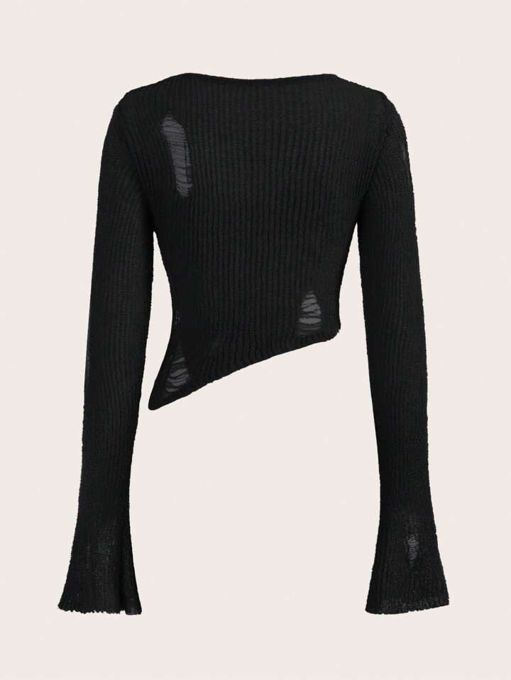 SHEIN ICON Y2K Grunge Solid Flare Sleeve Ripped Crop Sweater,Long Sleeve Tops | SHEIN