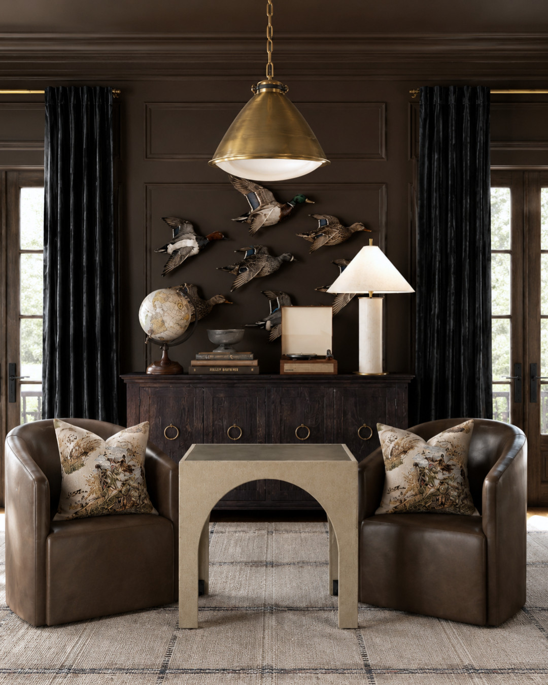 Moody man cave, but make it elevated. The dark brown walls, smoky blue velvet curtains, leather chairs, taxidermy duck display, aged brass lighting, and warm wood tones all work together because the palette stays tight and the textures do the talking.

Design tip: for a masculine room that still feels designed, repeat your materials. Here, the brass, leather, dark wood, and muted blues create cohesion without everything matching perfectly.

Save this for elevated man cave ideas, moody game room decor, masculine sitting room inspiration, and traditional home styling.

I may receive a commission from purchases made through my links. 

 #LTKHome