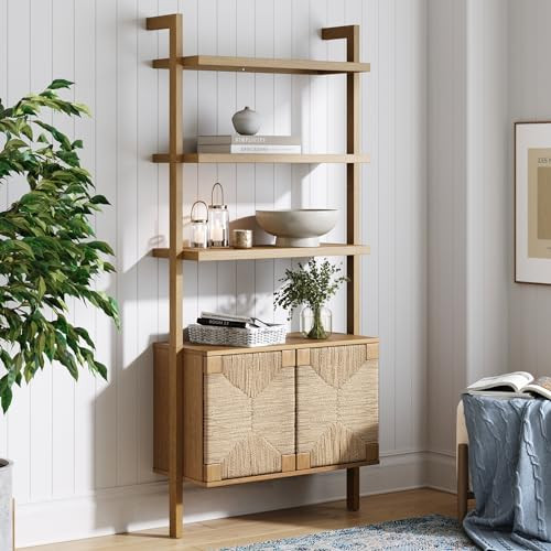 Nathan James Beacon 3-Shelf Solid Wood Bookshelf with Storage Cabinet, Bohemian Wall Mounted Shelf with Seagrass Door Fronts, Set of 4 | Amazon (US)