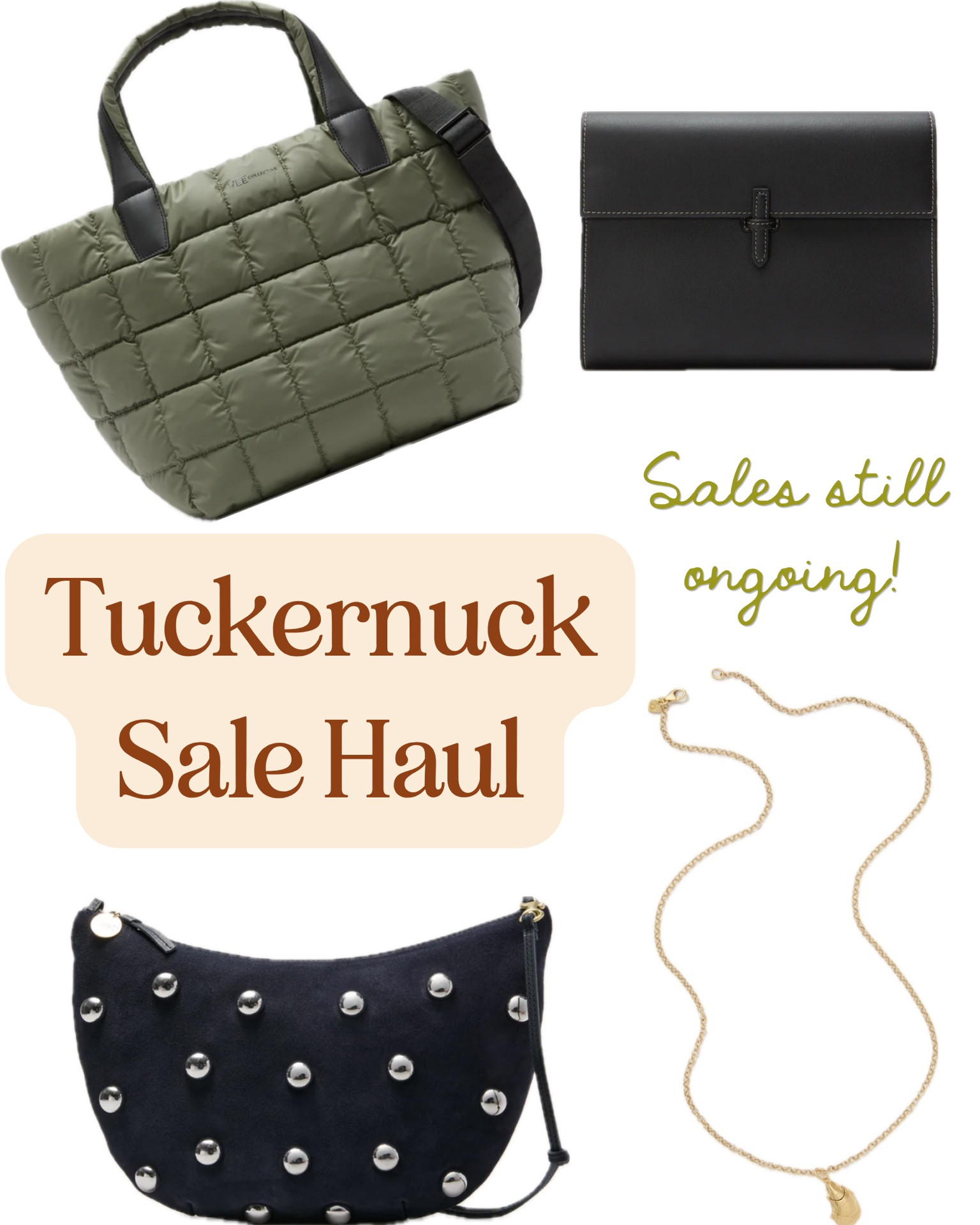 Tuckernuck had a big 20% off sale that started last week and is still ongoing. Here are my favorite accessories that are part of the sale:

1. I LOVE my Vee Collective medium porter tote. It's lightweight and the perfect travel bag: Holds so much, and has the perfect number of pockets and a laptop organizer. It's more than half off ($309 ➡️ $155)!

2. Had been wanting a Hunting Season large clutch for a few years now and finally got one from a gift card! It’s also included in the sale ($595 ➡️ $476).

3. I love the Clare V Lune bag and have it both in this black studded version and in another design. It's a shoulder bag that has the perfect drop and actually holds a lot. 40% off ($425 ➡️ $255)!

4. Lastly, I love my 26” Hart necklaces — it’s the perfect length. This oyster version opens up, too! 🦪

#LTKSaleAlert #LTKWorkwear #LTKTravel