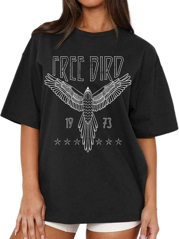 MAPICK Women Oversized Free Bird T-Shirts Vintage Eagle Graphic Short Sleeve Tees Casual Band Music | SHEIN