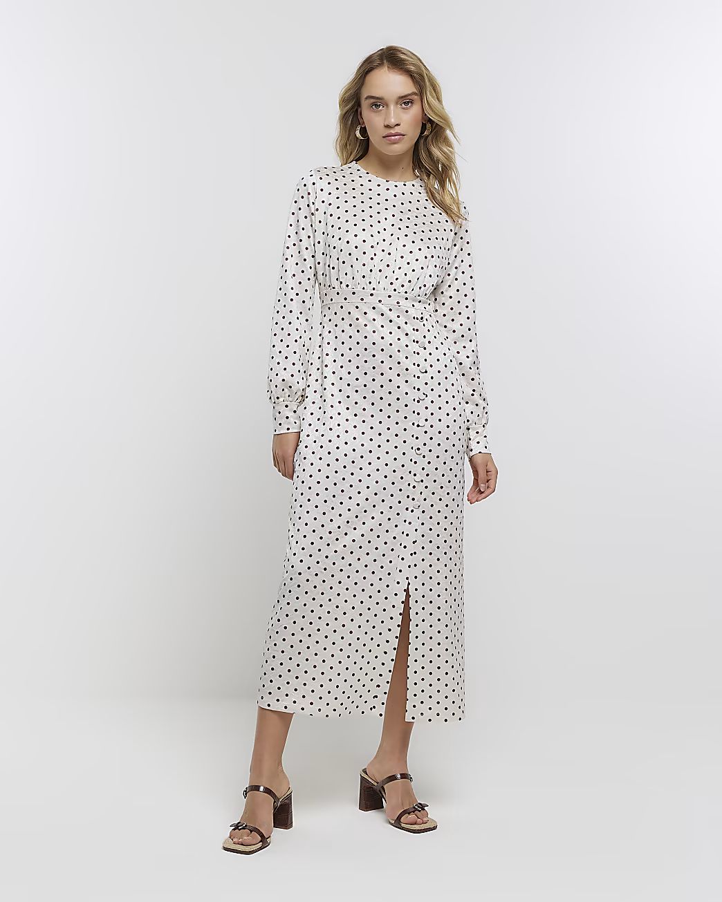 Cream spot long sleeve midi dress | River Island (UK & IE)