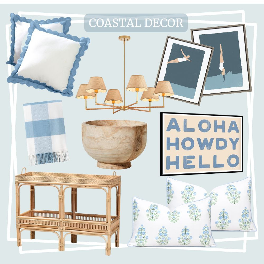 Coastal decor that feels clean cozy and collected. Snag the pieces.
Blue scalloped edge pillows, chandelier with woven shades, framed swimmer art, blue and white plaid throw blanket, large wooden bowl, ALOHA HOWDY HELLO sign, rattan console table, blue floral print pillows. #LTKFindsUnder50 #LTKFindsUnder100 

 #LTKHome