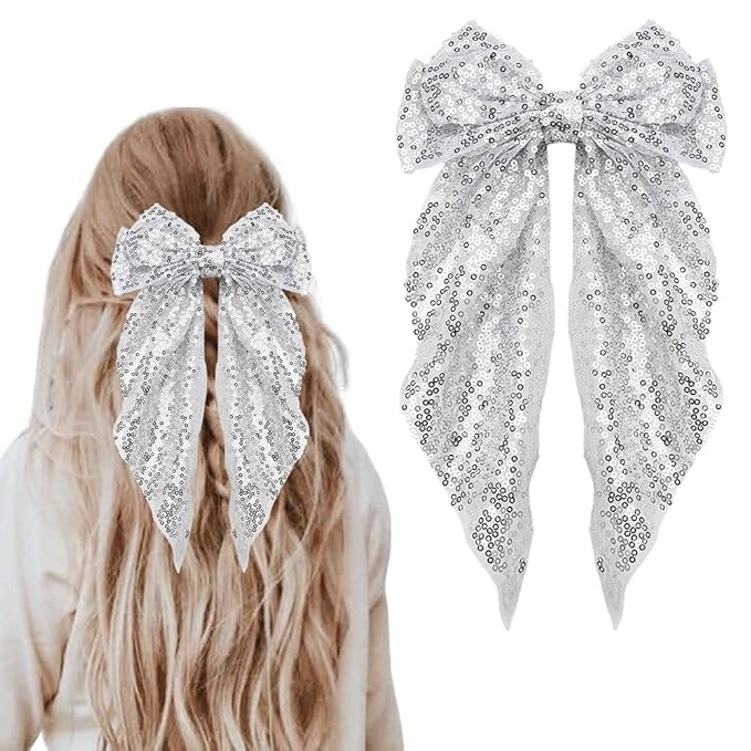 Kefley Silver Sequin Bow Hair Ribbon Clips for Women - Glittering Bows - Disco Sparkling Hair Bow... | Amazon (US)