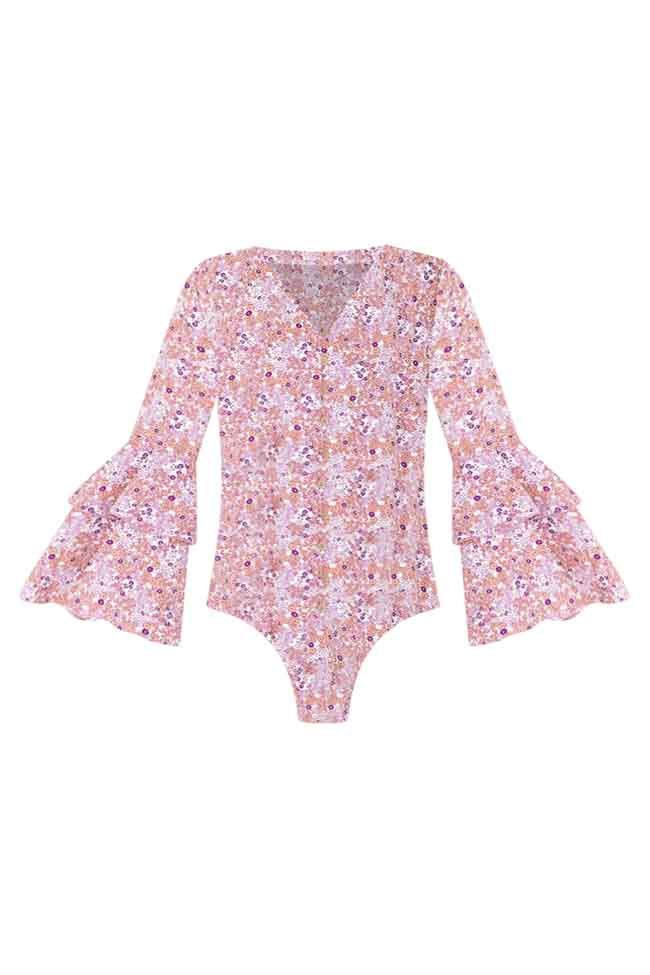 Win My Heart Pink Floral Bell Sleeve Bodysuit | Pink Lily