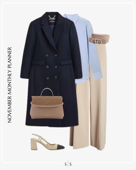 Monthly outfit planner: NOVEMBER Fall and Winter looks | navy top coat, blue button up, neutral trouser, slingback heel, handbag, workwear 

See the entire calendar on thesarahstories.com ✨ 

#LTKstyletip #LTKworkwear