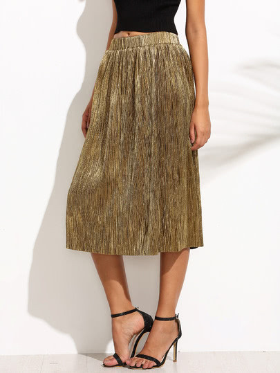 Golden Metallic Pleated Midi Skirt | SHEIN